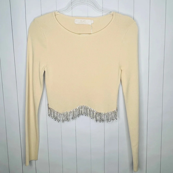 The Dixie Beige Rhinestone Fringe Long Sleeve Crop Top Disco Cowgirl Swifties L - Picture 2 of 10